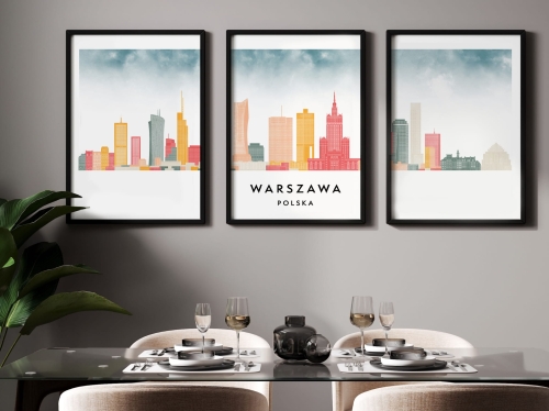 Plakat skylines TRYPTYK Warszawa, zestaw 3 plakatów w stylu Watercolor/ Akwarelowym