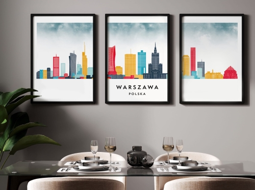 Plakat skylines TRYPTYK Warszawa, zestaw 3 plakatów w stylu Watercolor/ Akwarelowym