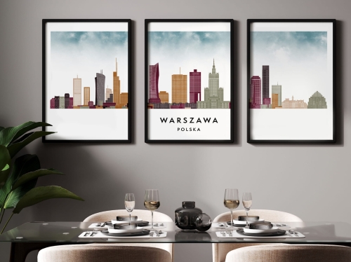 Plakat skylines TRYPTYK Warszawa, zestaw 3 plakatów w stylu Watercolor/ Akwarelowym