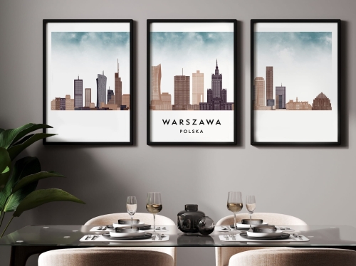 Plakat skylines TRYPTYK Warszawa, zestaw 3 plakatów w stylu Watercolor/ Akwarelowym