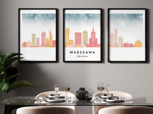 Plakat skylines TRYPTYK Warszawa, zestaw 3 plakatów w stylu Watercolor/ Akwarelowym