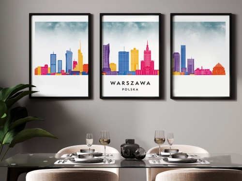 Plakat skylines TRYPTYK Warszawa, zestaw 3 plakatów w stylu Watercolor/ Akwarelowym
