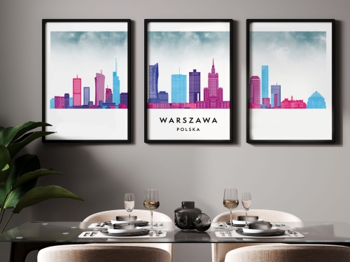Plakat skylines TRYPTYK Warszawa, zestaw 3 plakatów w stylu Watercolor/ Akwarelowym