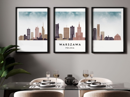 Plakat skylines TRYPTYK Warszawa, zestaw 3 plakatów w stylu Watercolor/ Akwarelowym