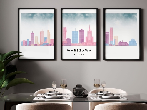 Plakat skylines TRYPTYK Warszawa, zestaw 3 plakatów w stylu Watercolor/ Akwarelowym
