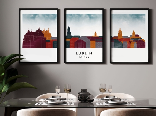 Plakat skylines TRYPTYK Lublin, zestaw 3 plakatów w stylu Watercolor/ Akwarelowym