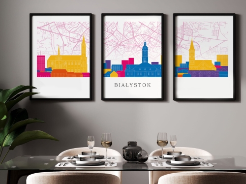 Plakat skylines TRYPTYK Białystok z mapą