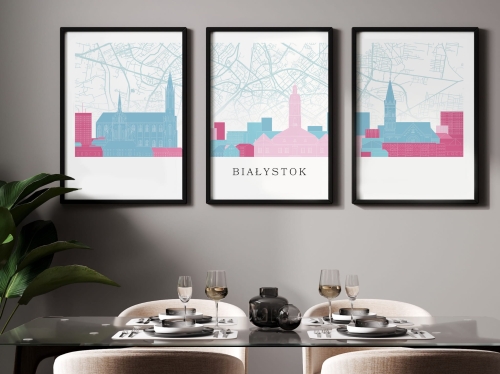 Plakat skylines TRYPTYK Białystok z mapą