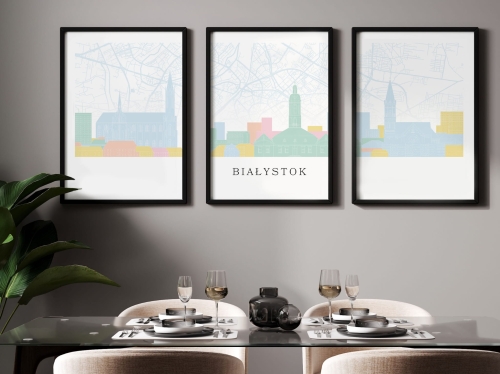 Plakat skylines TRYPTYK Białystok z mapą