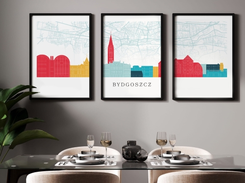 Plakat skylines TRYPTYK Bydgoszcz z mapą