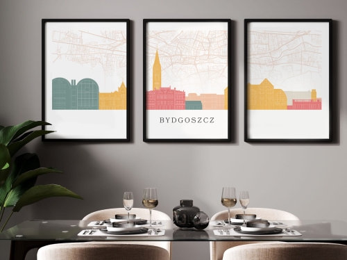 Plakat skylines TRYPTYK Bydgoszcz z mapą
