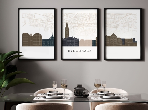 Plakat skylines TRYPTYK Bydgoszcz z mapą