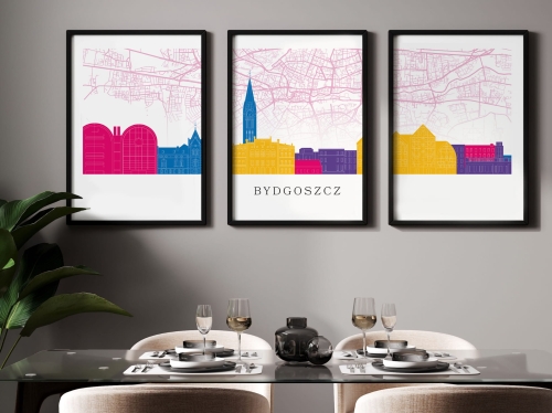 Plakat skylines TRYPTYK Bydgoszcz z mapą