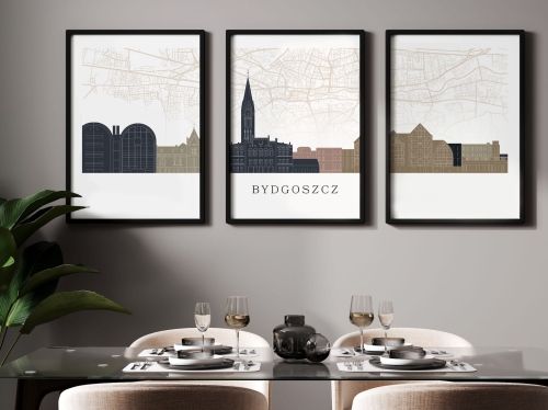 Plakat skylines TRYPTYK Bydgoszcz z mapą