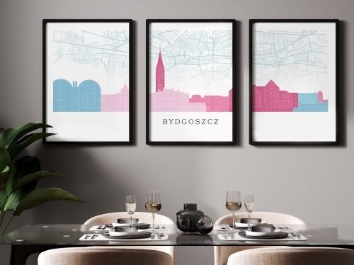 Plakat skylines TRYPTYK Bydgoszcz z mapą