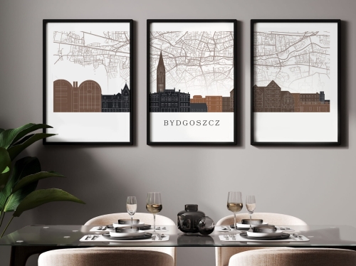 Plakat skylines TRYPTYK Bydgoszcz z mapą