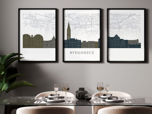Plakat skylines TRYPTYK Bydgoszcz z mapą