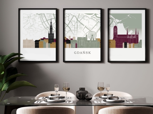 Plakat skylines TRYPTYK Gdańsk z mapą