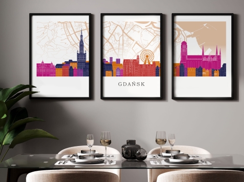 Plakat skylines TRYPTYK Gdańsk z mapą