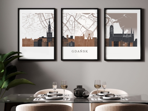 Plakat skylines TRYPTYK Gdańsk z mapą