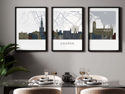Plakat skylines TRYPTYK Gdańsk z mapą