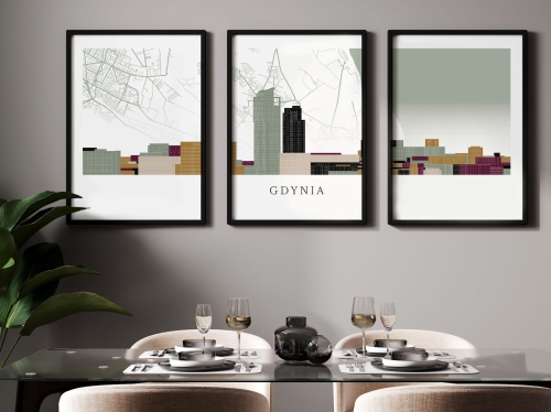 Plakat skylines TRYPTYK Gdynia z mapą 