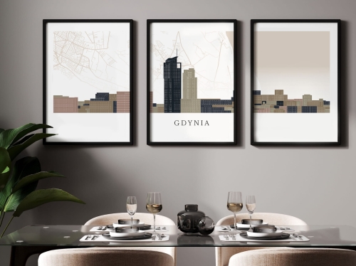 Plakat skylines TRYPTYK Gdynia z mapą