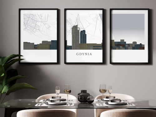 Plakat skylines TRYPTYK Gdynia z mapą
