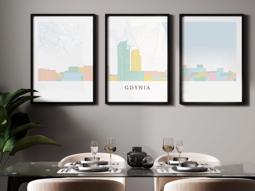 Plakat skylines TRYPTYK Gdynia z mapą