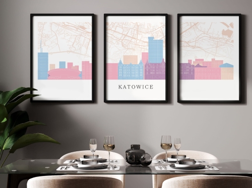 Plakat skylines TRYPTYK Katowice z mapą