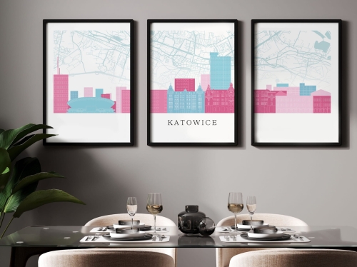 Plakat skylines TRYPTYK Katowice z mapą