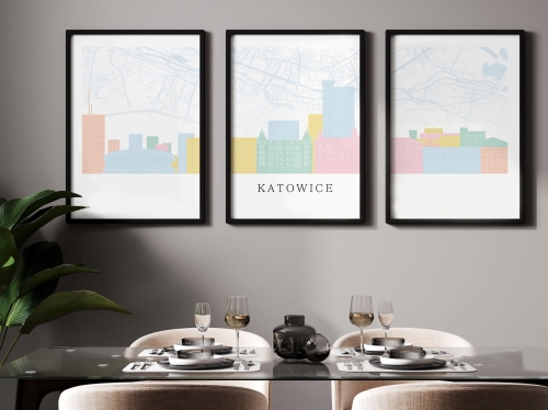 Plakat skylines TRYPTYK Katowice z mapą