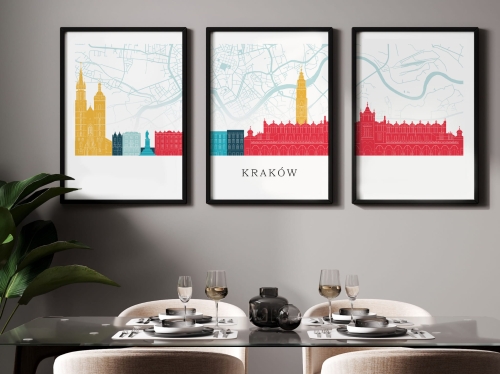 Plakat skylines TRYPTYK Kraków z mapą