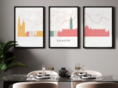 Plakat skylines TRYPTYK Kraków z mapą