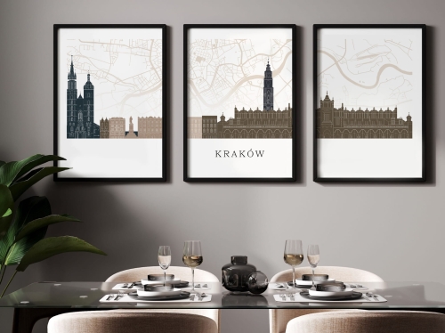 Plakat skylines TRYPTYK Kraków z mapą