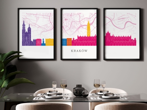 Plakat skylines TRYPTYK Kraków z mapą