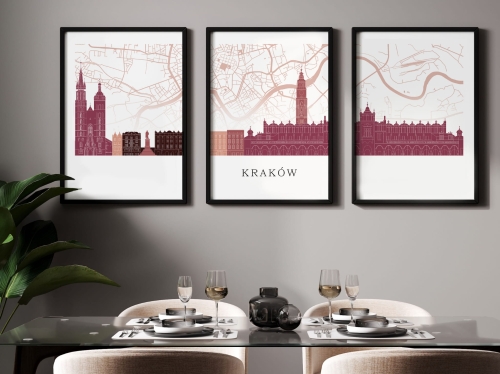 Plakat skylines TRYPTYK Kraków z mapą