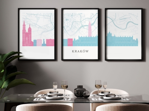 Plakat skylines TRYPTYK Kraków z mapą