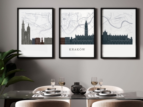 Plakat skylines TRYPTYK Kraków z mapą