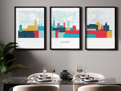 Plakat skylines TRYPTYK Łódź z mapą