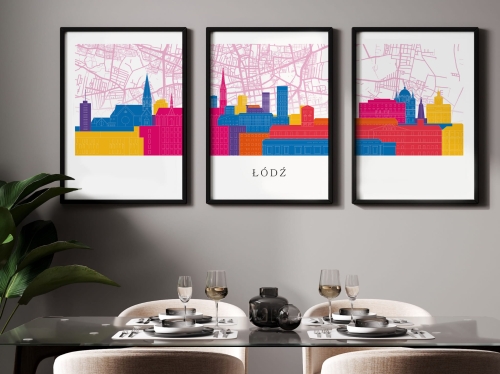 Plakat skylines TRYPTYK Łódź z mapą