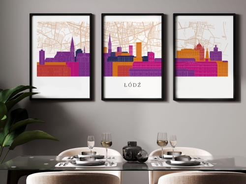 Plakat skylines TRYPTYK Łódź z mapą