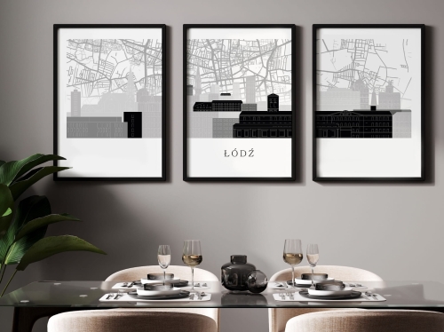 Plakat skylines TRYPTYK Łódź z mapą