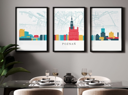 Plakat skylines TRYPTYK Poznań z mapą