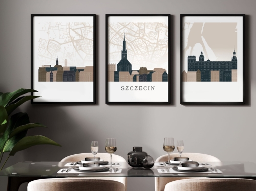 Plakat skylines TRYPTYK Szczecin z mapą