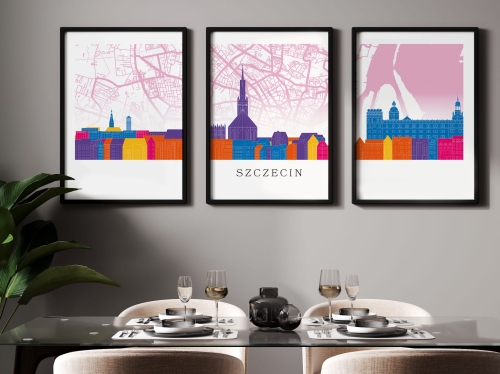 Plakat skylines TRYPTYK Szczecin z mapą