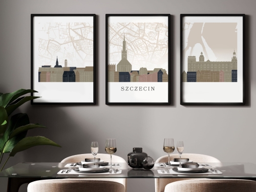 Plakat skylines TRYPTYK Szczecin z mapą