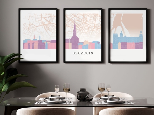 Plakat skylines TRYPTYK Szczecin z mapą