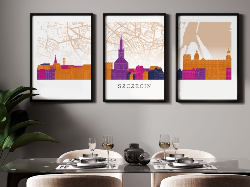 Plakat skylines TRYPTYK Szczecin z mapą