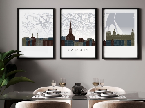 Plakat skylines TRYPTYK Szczecin z mapą